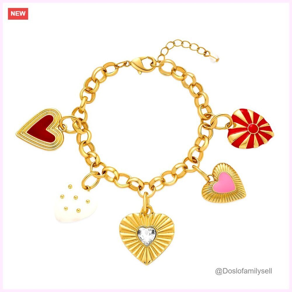 Vintage Heart Charm Bracelet Gold Chain Adjustable Length Romantic Layered